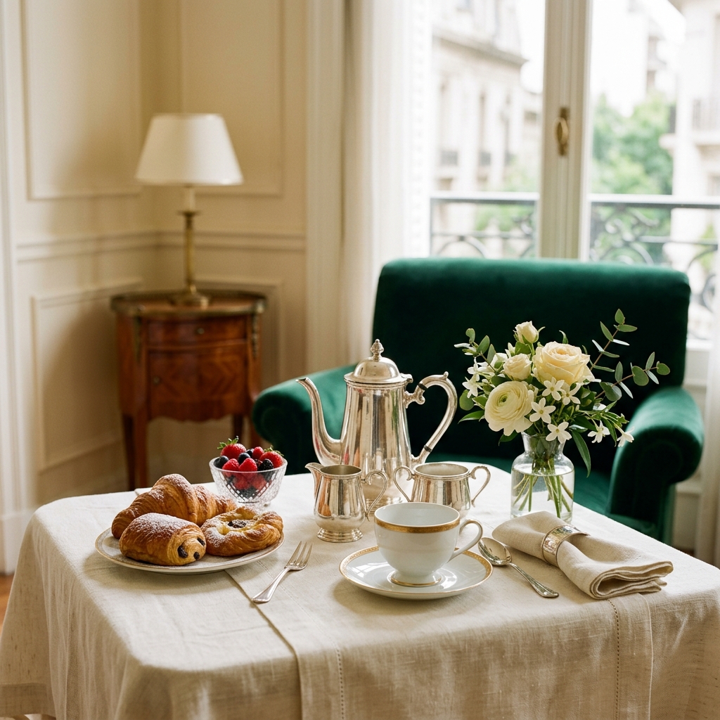 A carefully prepared hotel breakfast table
