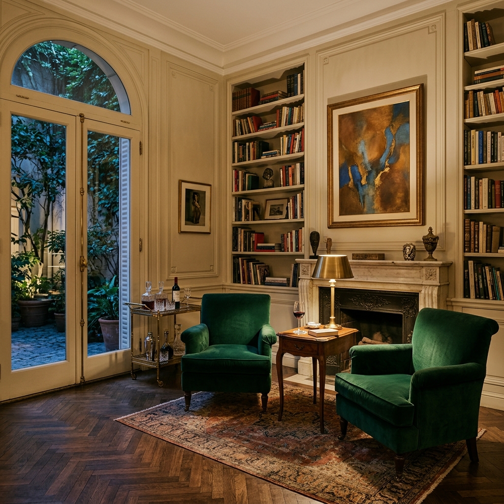 An intimate library lounge with emerald seating