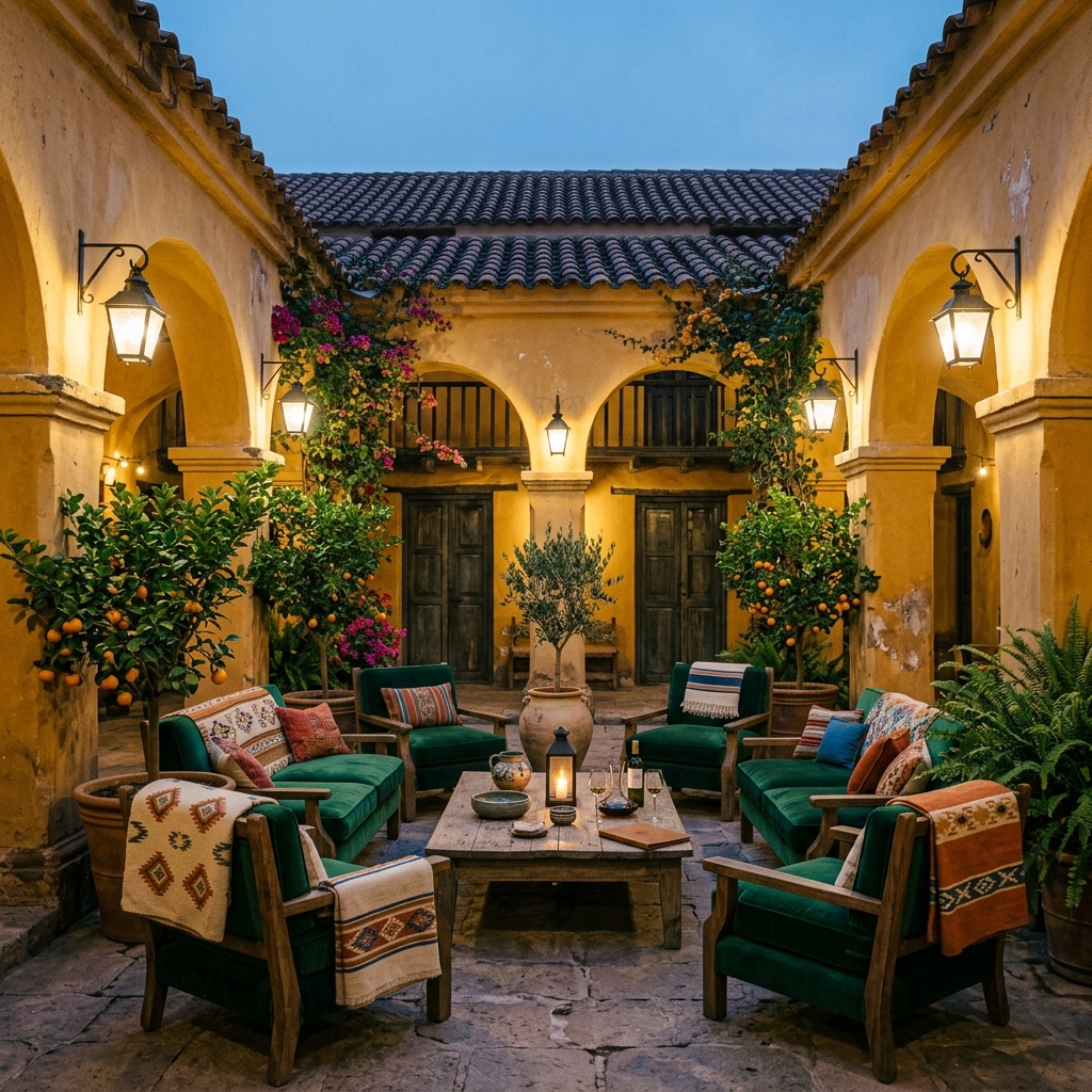 A colonial courtyard lounge at dusk